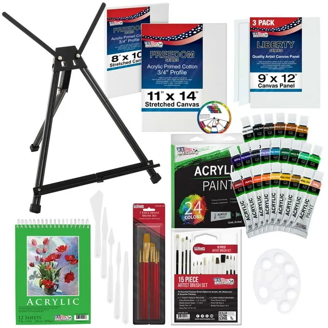 U.S. Art Supply 60-Piece Deluxe Artist Acrylic Painting Set with Aluminum Tabletop Easel, 24 Acrylic Paint Colors, 22 Brushes, 2 Stretched Canvases, 3