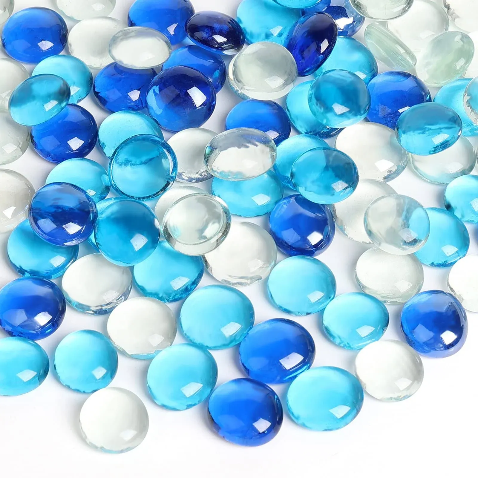 FUTUREPLUSX 1LB Flat Glass Marbles, Blue Mixed Gemstone Vase Fillers Beads Decorative Glass Pebbles Floral Fish Tank Rocks for Vases Table Scatter Aquarium Decor