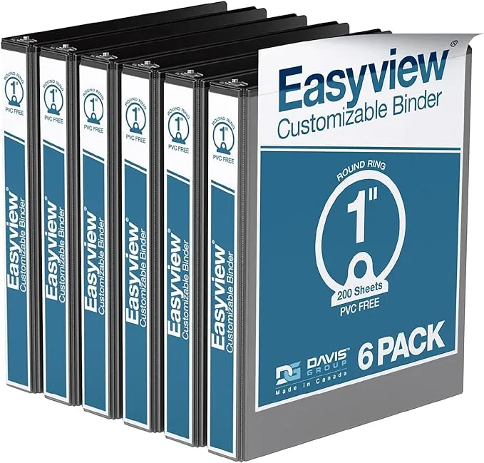 Easyview Premium 1-Inch Binders with Clear-View Covers 3-Ring Binders for School Office or Home Colored Binder Notebooks Pack of 6 Round Ring