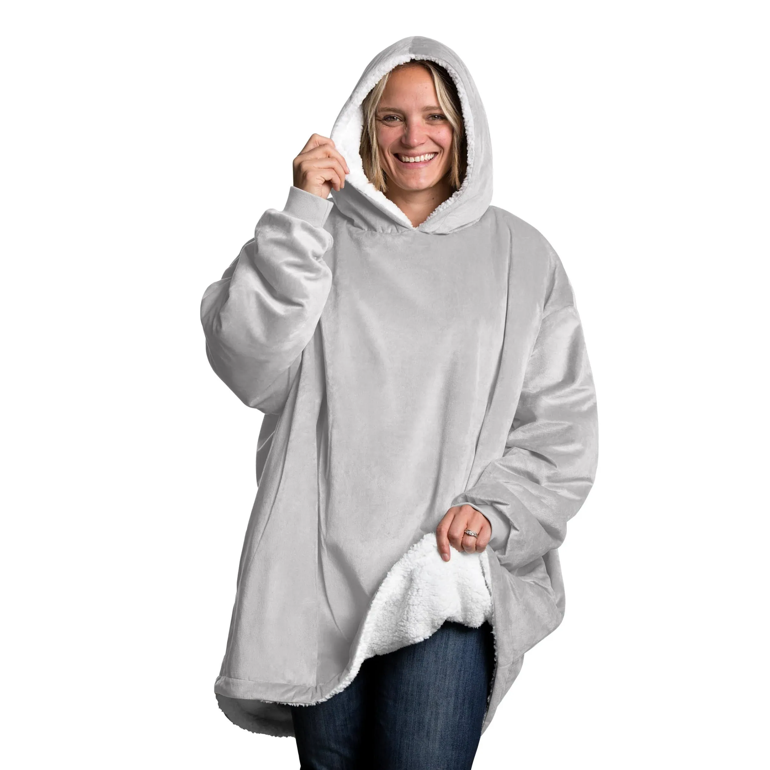 Bare Home Sherpa Fleece Wearable Blanket - Oversized Wearable Blanket Hoodie - Youth Size - Warm & Cozy - Soft Plush Blanket - Comfortable Blanket Sweatshirt with Dual-Sided Pockets (Youth, Grey)