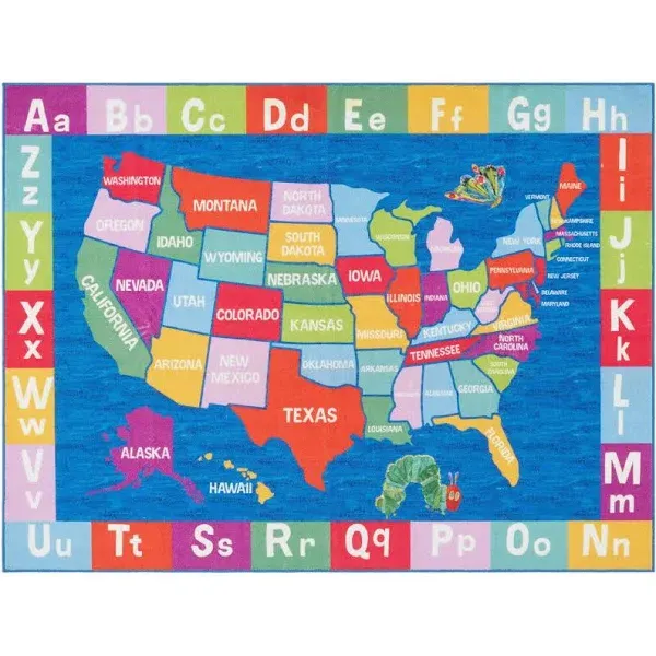 Eric Carle Elementary USA Map Kids Machine Washable Area Rug Blue/Red,