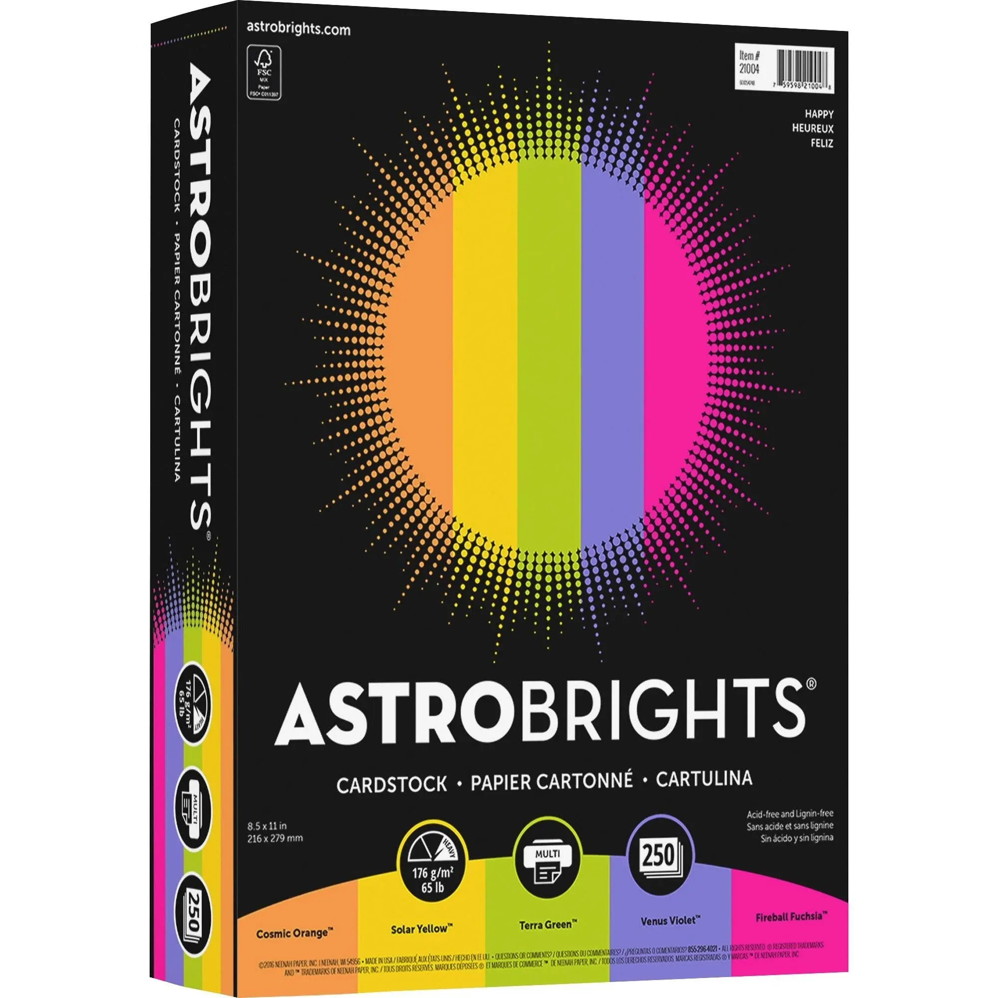 Wausau Paper 21004 Astrobrights Colored Card Stock, 65 lbs., 8-1/2 x 11, Assorte