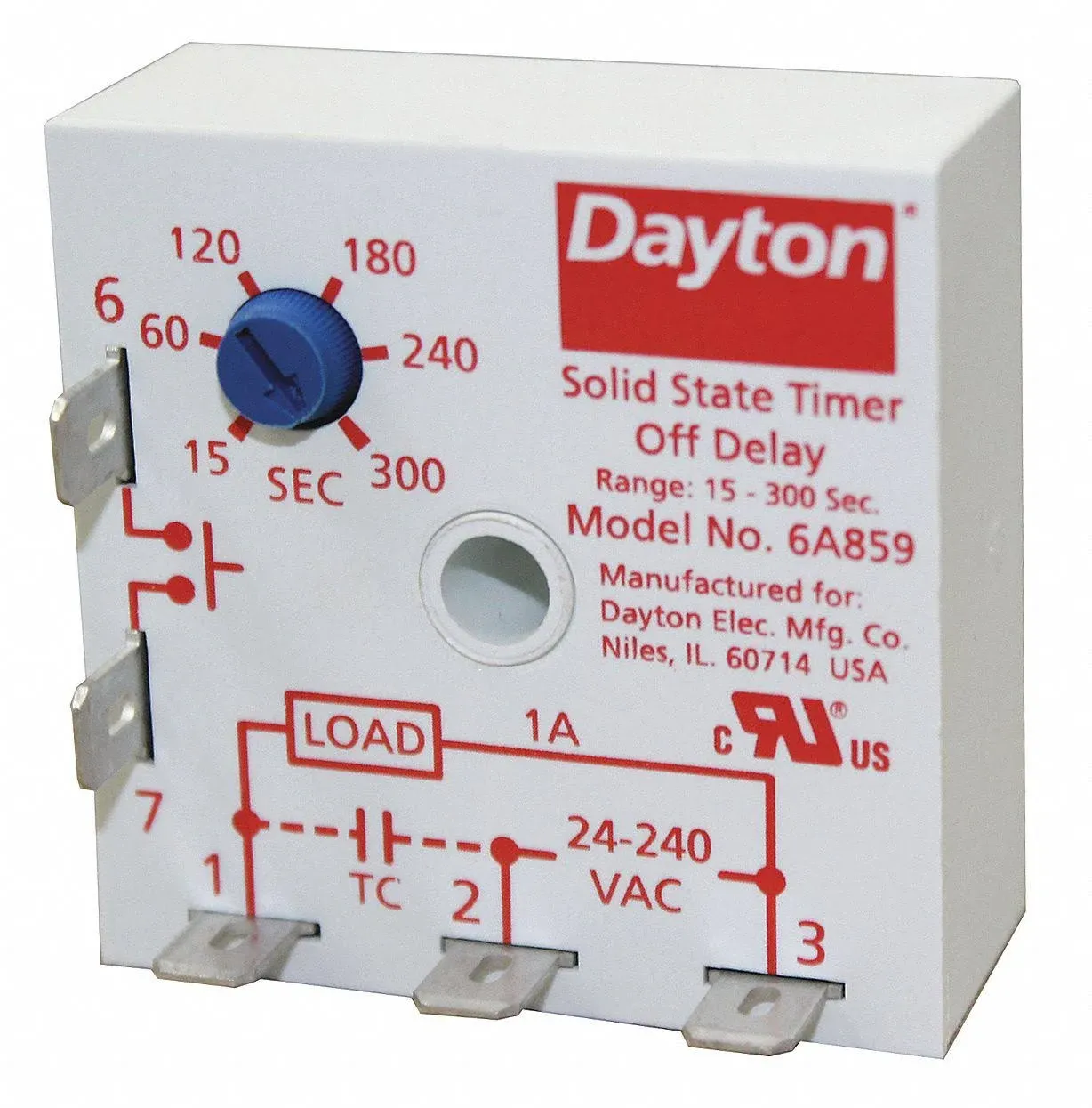 Dayton 6A859 Encapsulated Timing Relay, 24 To240Vac, 1A