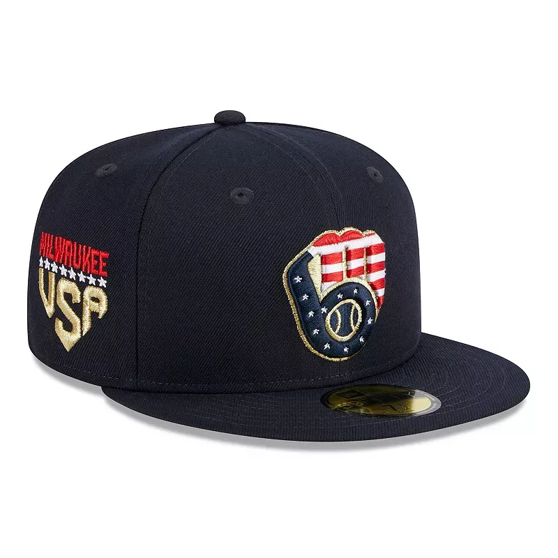 Men's New Era Navy Milwaukee Brewers 2023 Fourth of July 59FIFTY Fitted Hat, Size: 7 1/8, Blue