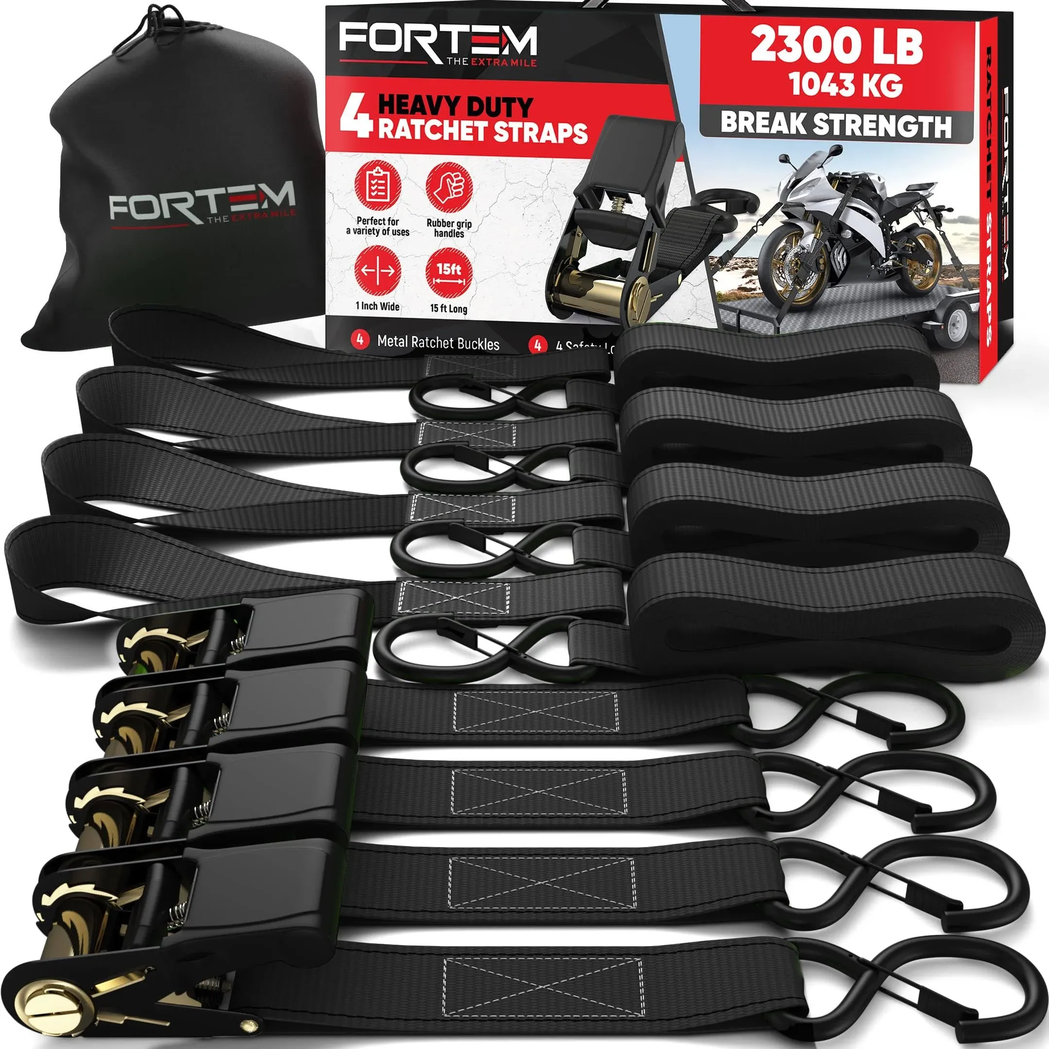 Fortem Ratchet Straps, 2300lb Break Strength, 4 15ft Tie Down Strap Set, 4 Soft ...