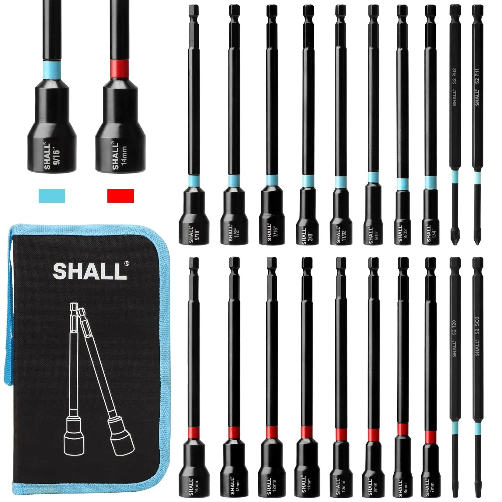 SHALL 20PCS Magnetic Nut Driver Set, 6” Long Nut Drivers for Impact Drill, SAE & Metric 1/4” Hex Shank Nut Driver Bit & Impact Drill Driver Bit w/Power Screwdriver Bits PH1/PH2/SQ2/T20, Storage Bag