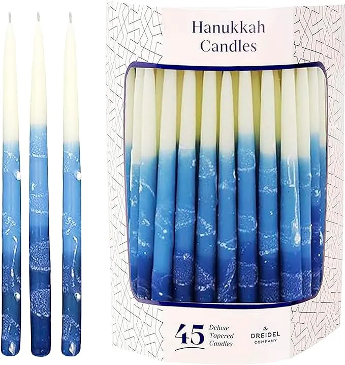 The Dreidel Company Dripless Premium Tapered Hand Decorated Multi Blue Frosted Hanukkah Candles - Premium Quality Wax -