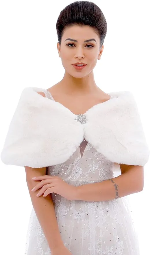 Aukmla Wedding Party Fur Wraps and Shawls Bridal Fur Stole Sleeveless Faux Fur Shawl with Stunning Rhinestones Crystal Brooch