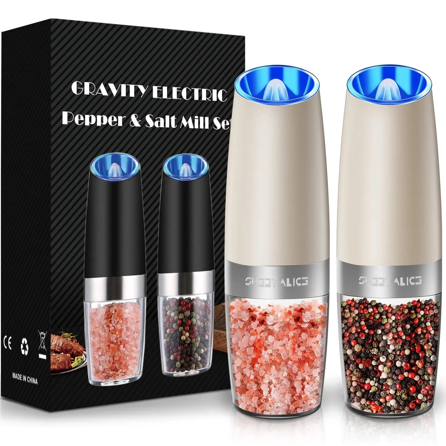 Gravity Electric Pepper and Salt Grinder Set, Adjustable Coarseness, Battery Powered with LED Light, One Hand Automatic Operation, Coral, 2 Pack