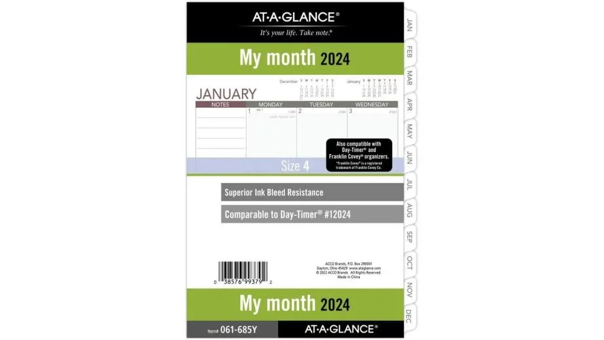 AT-A-GLANCE 2024 Monthly (061-685Y) Loose-Leaf Planner Refill Desk Size