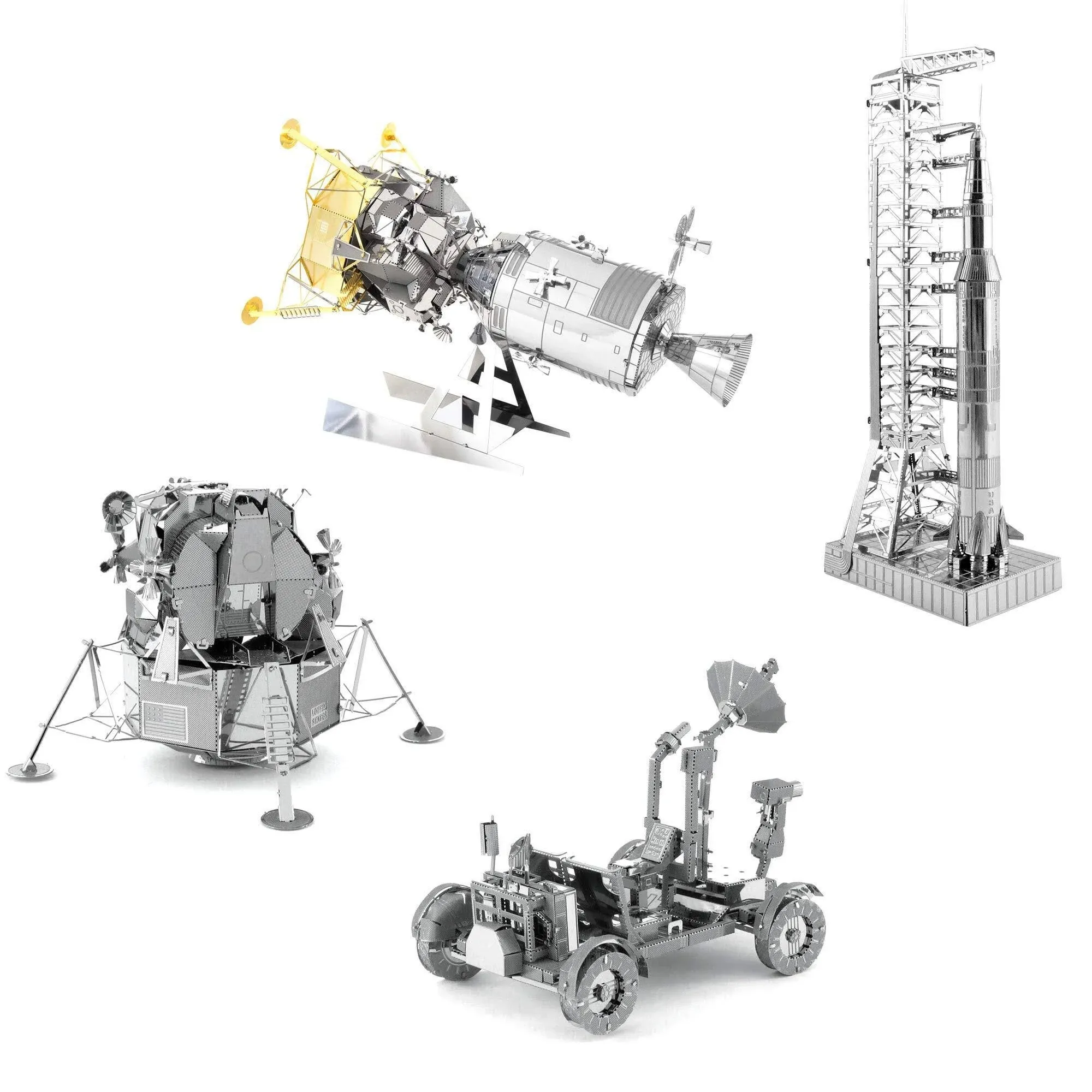 Fascinations Apollo 3D Metal Model Kits Set of 4 - CSM with LM, Lunar Module, Rover, Saturn V with Gantry