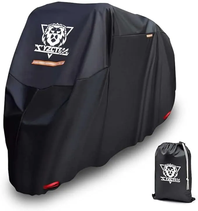 XYZCTEM Motorcycle Cover -Waterproof Outdoor Storage Bag,Made of Heavy Duty Material Fits up to 96 inch, Compatible with Harley Davison and All Motors(Black& Lockholes& Professional Windproof Strap)