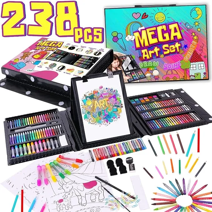 Dinonano Drawing Painting Art Set for Kids - 238 Pieces Paint Makers Coloring Set School Supplies Kit Sketch Pad Easel Oil Pastels Crayons Watercolor Pencils Markers Toddler Boys Girls Age 3 4 5 6-12