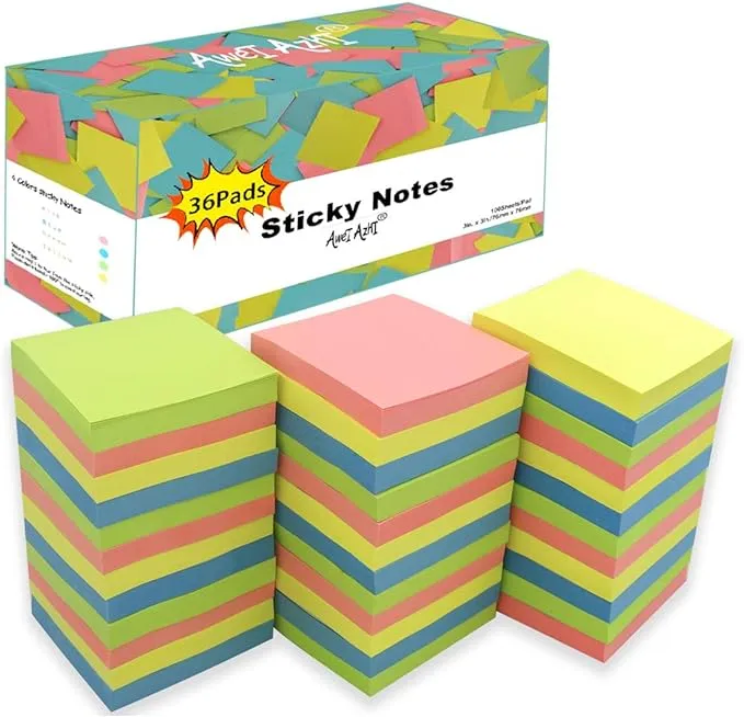 Sticky Notes 3x3, Self-Stick Notes, 36 Pads, 100 Sheets/Pad, Assorted Colors Stickies, Easy to Post Notes for Study, Works, Daily Life (36)