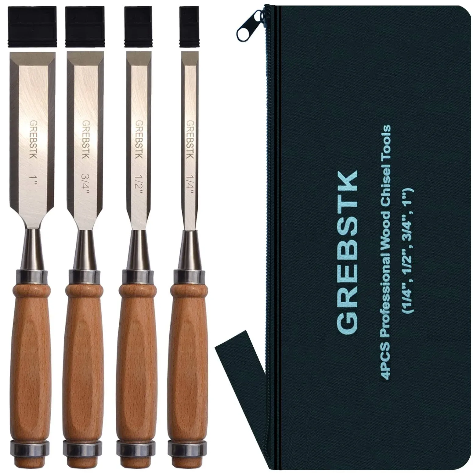 GREBSTK Professional Wood Chisel Set with Oxford Bag for Woodworking, CR-V Steel Chisel, Comfortable Beech Handle Wood Chisel, 4 Piece