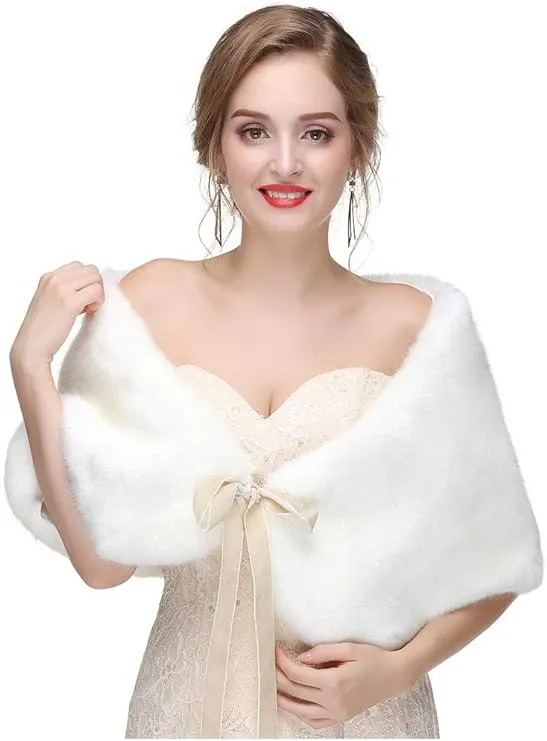 Olbye Women's Faux Fur Wraps Wedding Fur Shawls Sleeveless 1920 Faux Fur Stole for Women and Girls Fur Capelet Mink Shawl