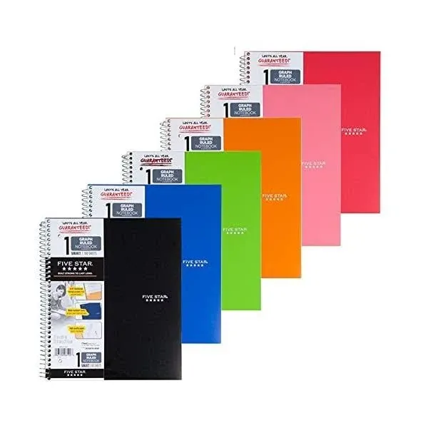 Five Star Spiral Notebook, Graph Ruled, 1 Subject, 8.5 x 11 Inches, 100 Sheets, Assorted Colors (06190), Pack Of 6