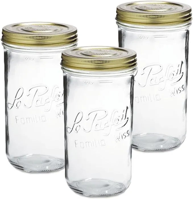 Le Parfait Familia Wiss Terrine Wide Mouth French Glass Jar w/Airtight 2-Piece System Gold Lid | Ideal for Canning, Food Storage, Meal Prep, Cake Jar & DIY Crafts | 48oz Quart/Half (Pack of 3) 1.5L