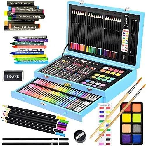  145 Piece Deluxe Art Set, Wooden Art Box &amp; Drawing Kit with Crayons, Oil 