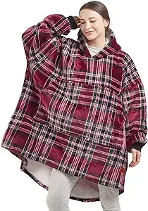 DEGREES OF COMFORT Original Sherpa Wearable Blanket Hoodie, Oversized Hooded Sweatshirt Blankets, One Big Size Fits All, 38x32 Red Plaid