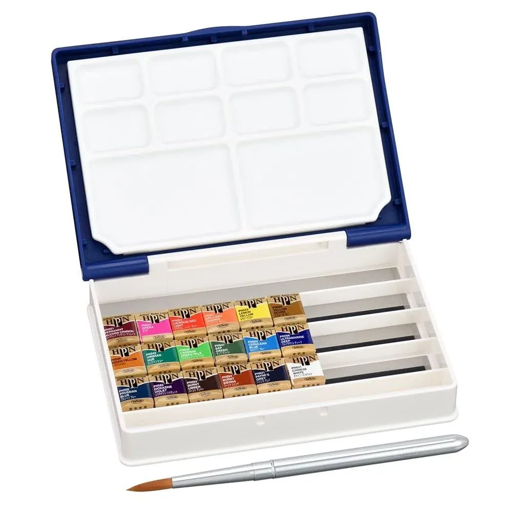 Holbein Artist&#039;s Watercolors Set of 18 Half-Pans with Brush (Palm Box Plus) P...