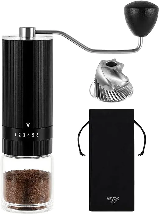 VEVOK CHEF Coffee Grinder Manual Mini Hand Coffee Grinder Portable Coffee Bean Grinder Double Bearing Conical Burr Grinder 6 Levels External Adjustable Setting for Home Camping