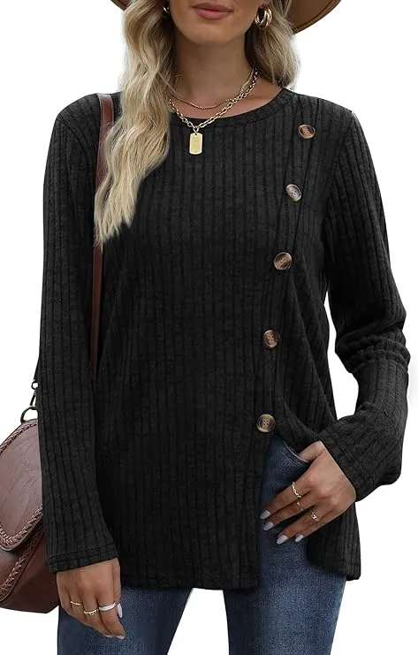 Fantaslook Blouses for Women Long Sleeve Crew Neck Tunic Tops Buttons Side Fall Shirts