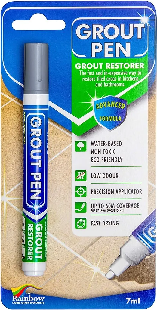 Grout Pen Grey Tile Paint Marker: Waterproof Grout Paint, Tile Grout Colorant and Sealer Pen - Grey, Wide 15mm Tip (20mL)