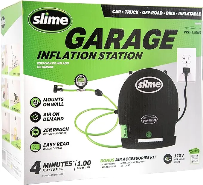 Slime 40069 Inflation Station, Garage Inflator, Pro-Series, Wall Mounted Air On Demand, Flat to Full in 4 Minutes, Cars, Trucks, Bicycles, 120V