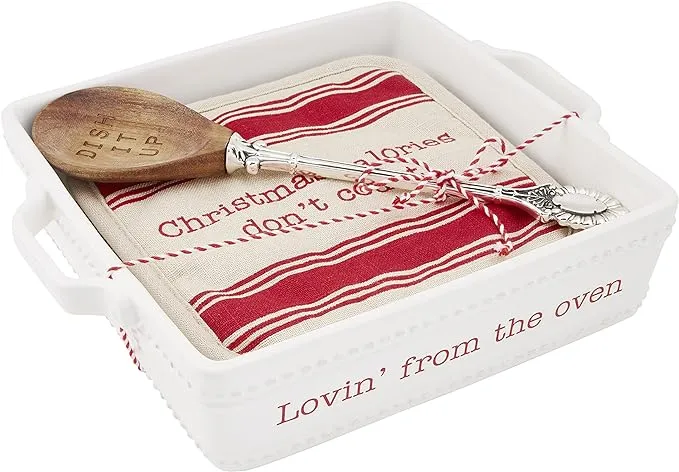 Mud Pie, White, Circa Holiday Baker & Trivet Set, 8.75", 8.75" x 8.75" | holder 7.5" x 7.5" | spoon 10.5