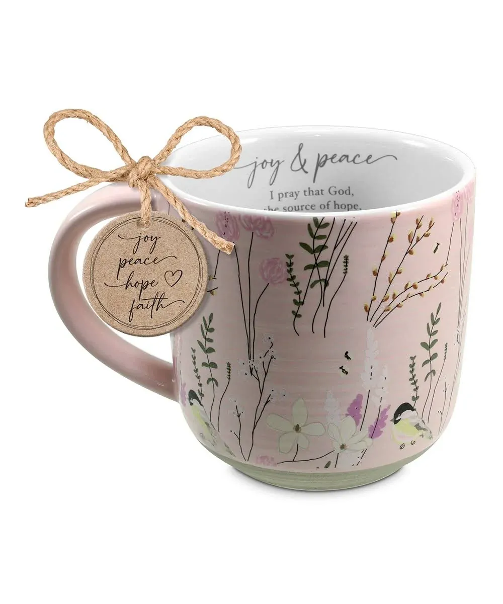 Lighthouse Christian Products Joy & Peace Pink Floral 18 Ounce Ceramic Coffee Cup Mug