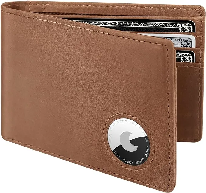 AirTag Wallet - Bifold Full Grain Leather Mens Air Tag Wallet with AirTag Holder, RFID Blocking Minimalist Wallet for Men for Apple Air Tag, up to 11 Cards Gifts for Men