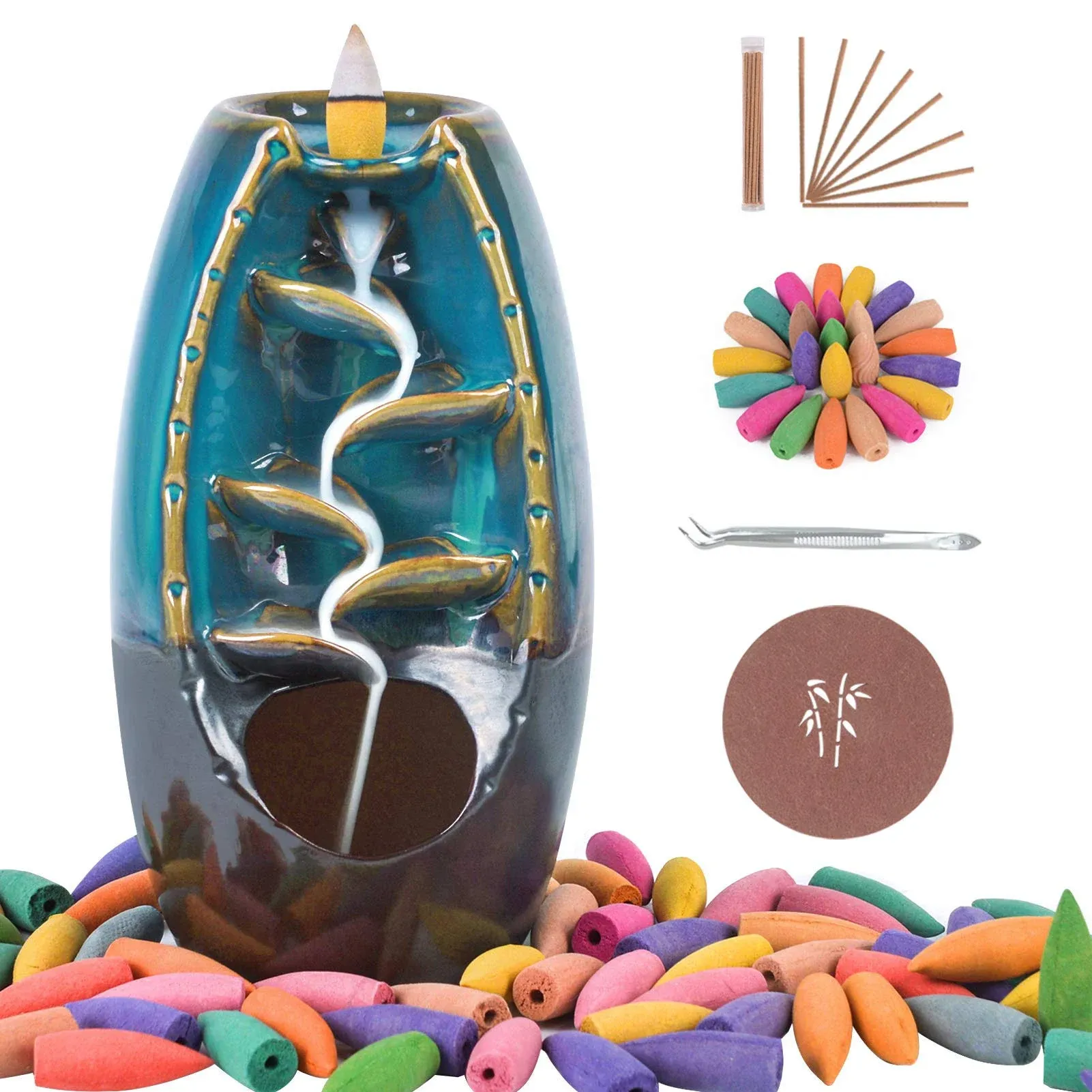 SOYO Backflow Incense Burner Ceramic Waterfall Incense Holder with 120 Backflow Incense Cones + 30 Incense Sticks + 1 Tweezer, Aromatherapy Ornamental for Home Office Yoga, Blue