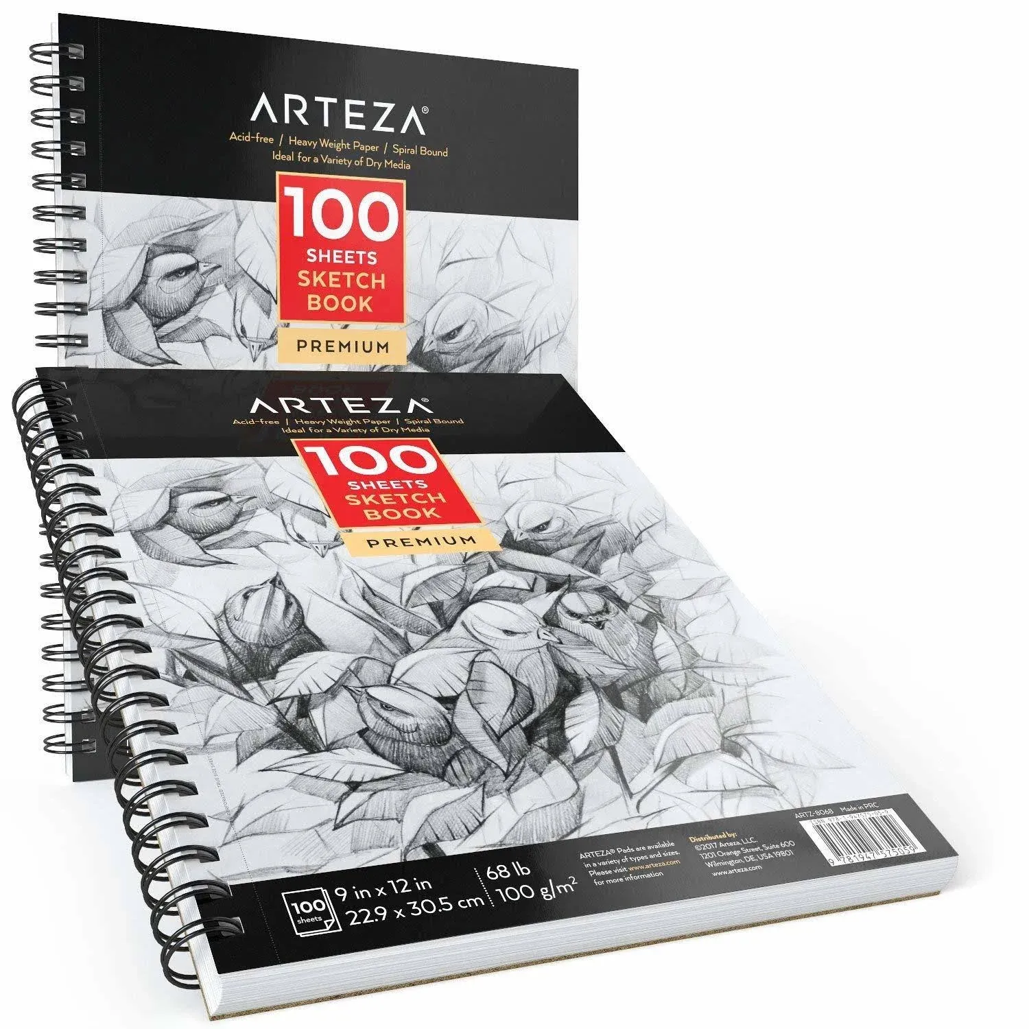 Arteza Sketch Book 2-Pack, 9x12 Inches, 200 Sheets, 100 Sheets Each Drawing Book, 68 lb, 100gsm Paper, Spiral Bound Artist Sketch Pad, Durable Acid Free Drawing Pad, for Adults and Teens, Bright White