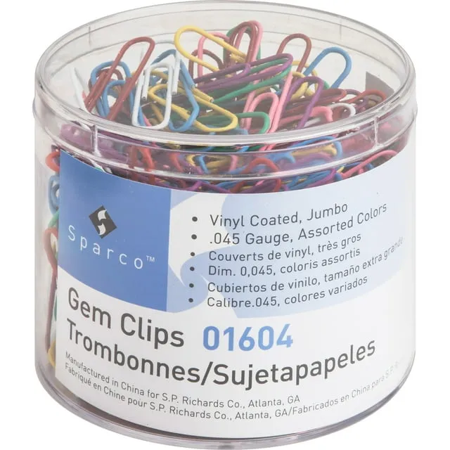 Vinyl-coated Gem Clips, Jumbo, 2" Length x 0.5" Width, for Paper, Rust Resistant, 250 / Box, Assorted