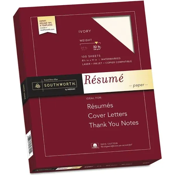 Southworth® 100% Cotton Résumé Paper, 8 1/2" x 11", 24 Lb, 100% Recycled, Ivory, Pack Of 100