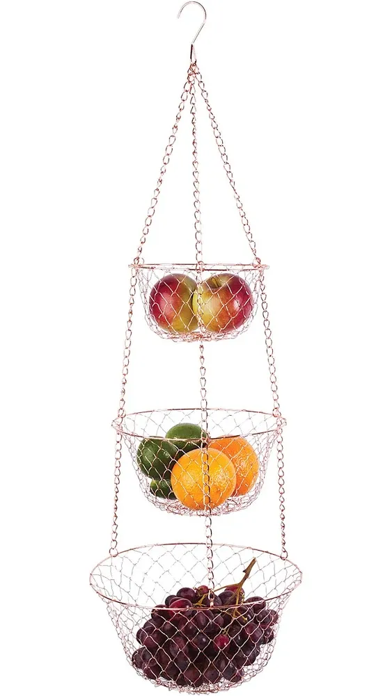 Fox Run 3-Tier Copper Kitchen Hanging Fruit Baskets, 32 Inches