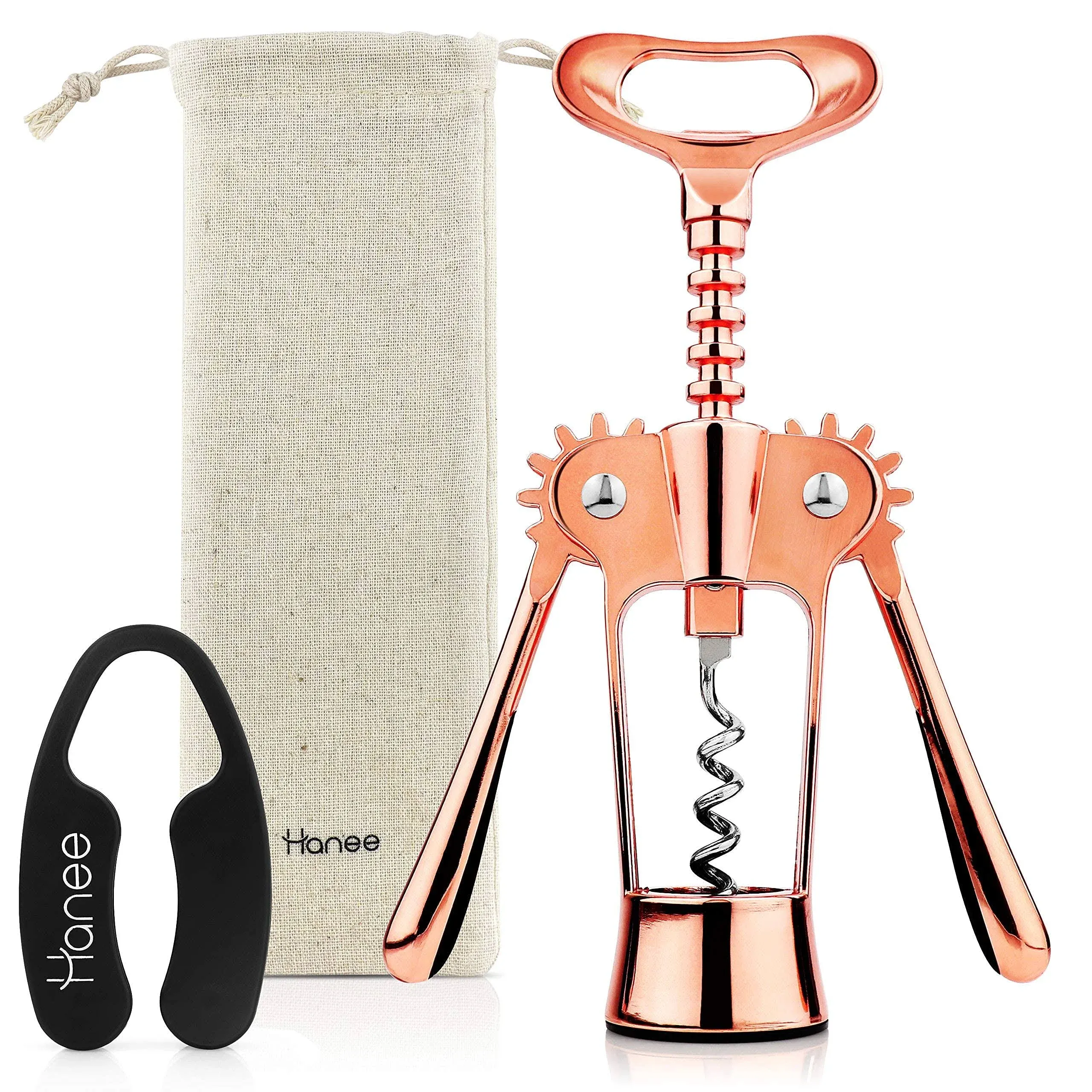 Wing Corkscrew Set by Hanee (Rose Gold) - Wine Bottle Opener - Wine Opener & Beer Bottle Opener with Foil Cutter and Pouch, Wine Accessories For Kitchen Chateau Restaurant Bars and Waiters