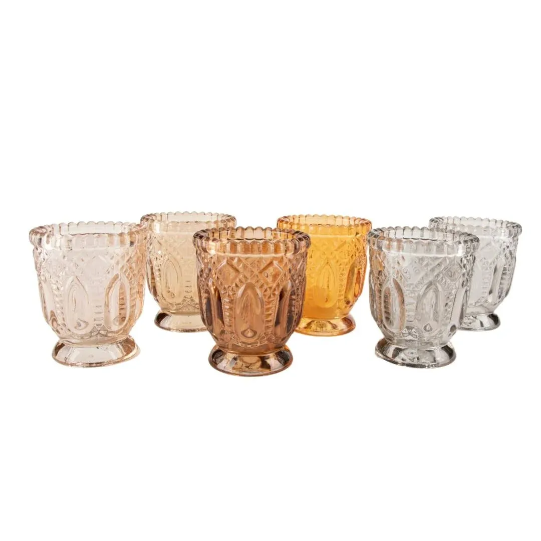 Koyal Wholesale 6 Pack Earth Tone Vintage Glass Candle Holder Set, 3 x 2.75 Inches for Home Decor, Weddings, Events, and Table Centerpiece Settings