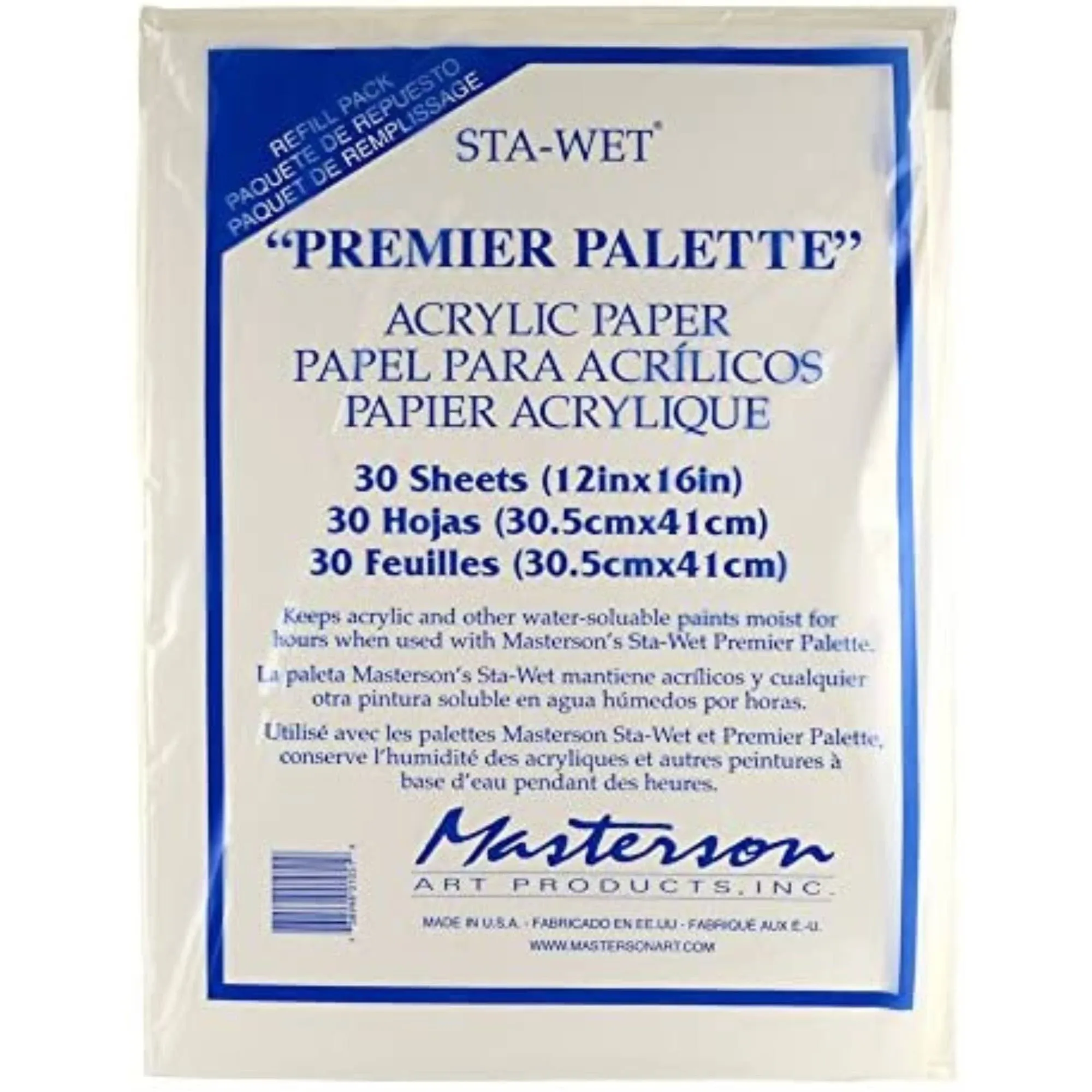 Masterson Sta-Wet Premier Palette Acrylic 12&#034; x 16&#034; Paper Refill Pack- 30 Sheets