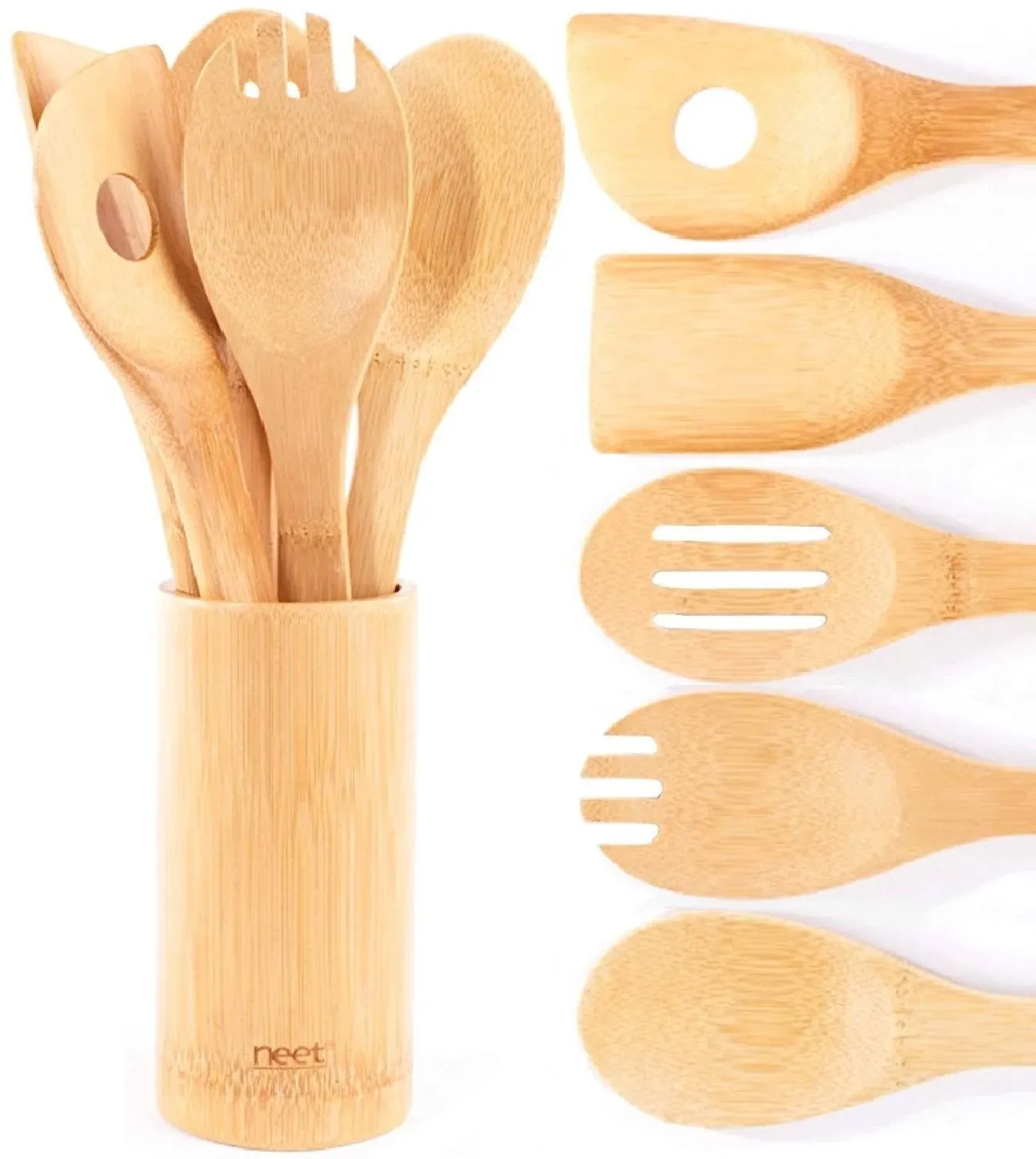 Neet Wooden Spoons For Cooking 6 Piece Organic Bamboo Utensil Set With Holder Wood Kitchen Utensils Spatula Spoon For High Heat Stirring In Nonstick Pots & Pans Quality Gift & Everyday Use