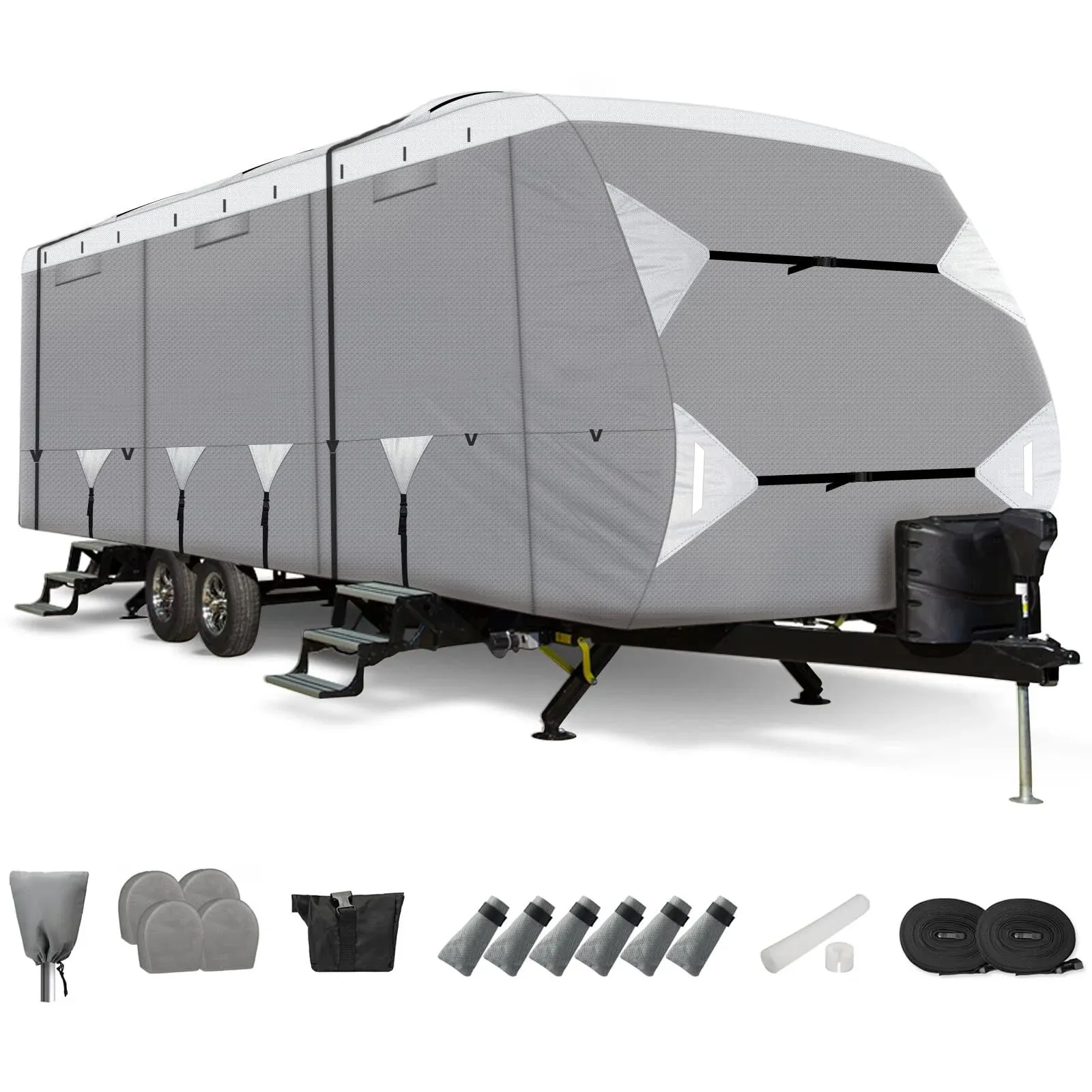 Leader Accessories 2023 Upgraded Travel Trailer RV Cover Camper Cover - Tear-Resistant Aluminium Film Top with Cotton Lining with Tire Covers (Silver/Grey, Fits 22' - 24'/ W Tire Covers)