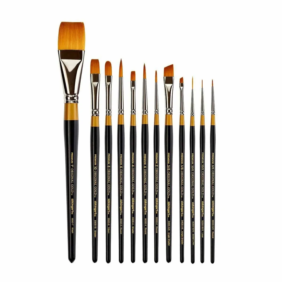 KINGART Premium Original Gold Series Handcrafted Golden Taklon Multimedia Artist Brushes, Gift Box, Set of 12, Black Glosss Handle, for Oil, Acrylic, Watercolor & Gouache Paints