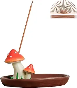 Cute Mushroom Incense Holder with 30 Incense Sticks, Handmade Incense Stick Burner, Nature Theme Incense Tray, Adorable Home Decoration Accessories(Brown)