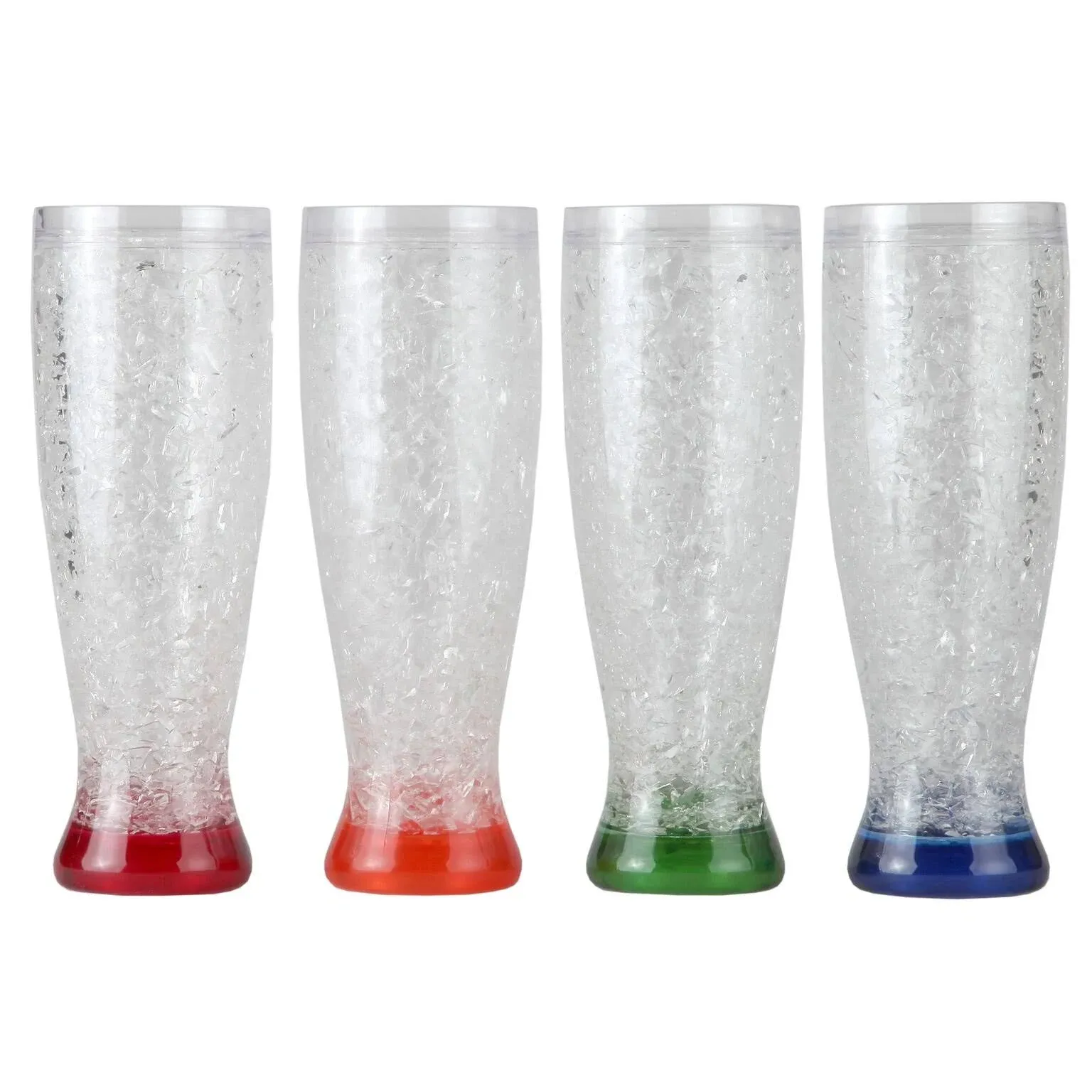 Lily's Home Double Wall Gel-Filled Acrylic Freezer Beer Glasses, Great for Enjoying Brews at BBQs and Parties, Clear with Assorted Color Bases (16 oz. Each, Set of 4) - Pilsner Shape