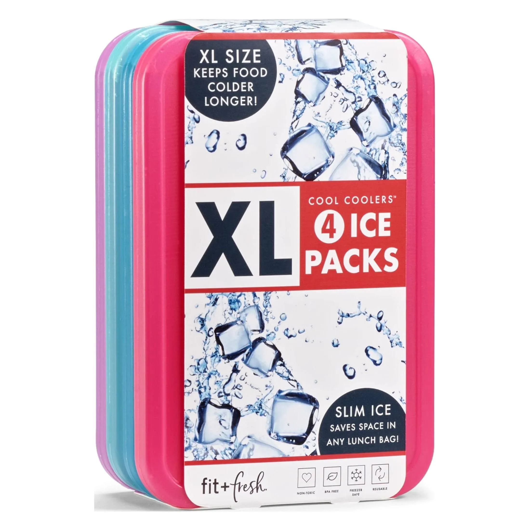 Fit & Fresh Cool Coolers, Reusable & Long-Lasting XL Slim Ice Packs, Cold packs for lunch boxes, ice pack for lunch bags. Cooler accessories for Camping, Beach, Lunch, and Work, 8PK, Pink