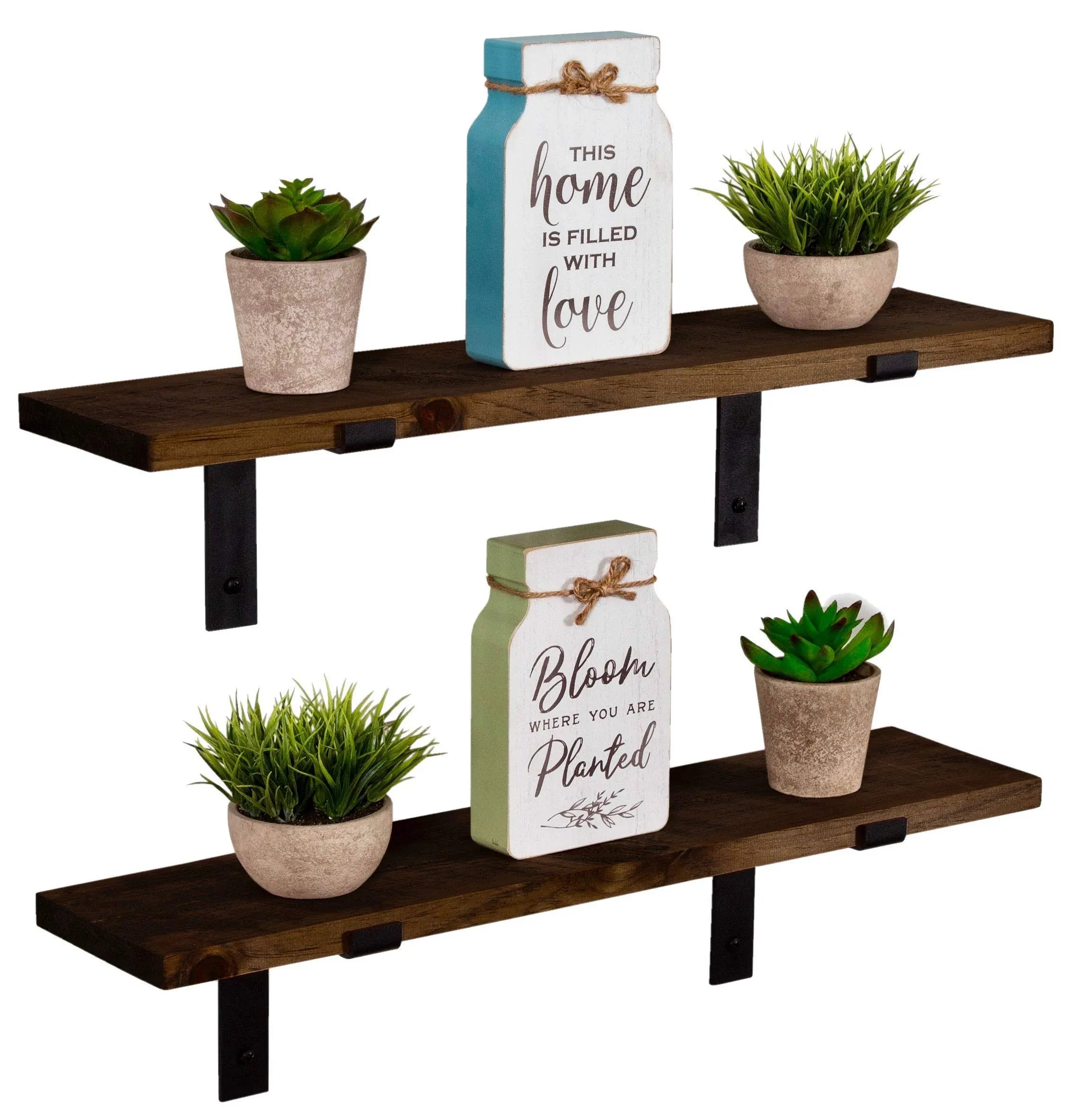 Imperative Décor Rustic Wood Floating Shelves Wall Mounted Storage Shelf with L Brackets USA Handmade| Set of 2 (Dark Walnut, 24" x 5.5")