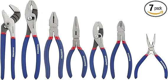 WORKPRO 7-piece Pliers Set (8-inch Groove Joint Pliers, 6-inch Long Nose, 6-inch Slip Joint, 4-1/2 Inch Long Nose, 6-inch Diagonal, 7-inch Linesman, 8-inch Slip Joint) for DIY & Home Use