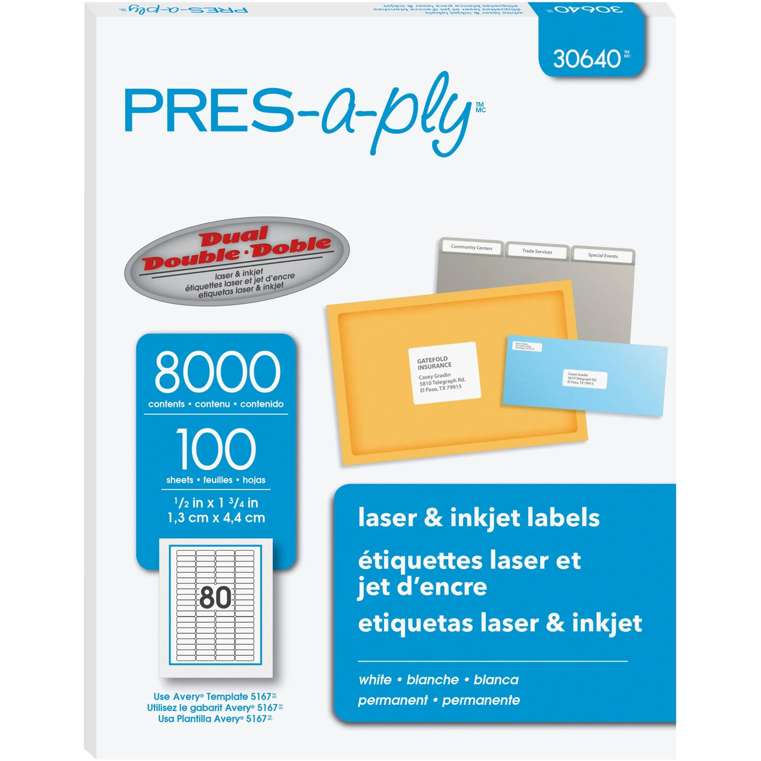 Pres-a-ply Labels, Inkjet/Laser Printers, 0.5 x 1.75, White,