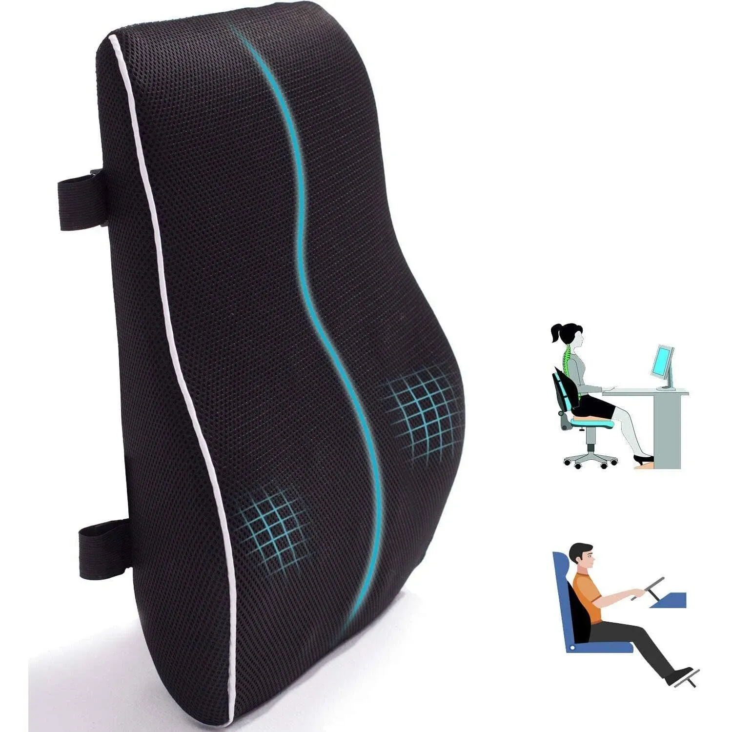 Lumbar Support Pillow for Office Chair Back Support Pillow for Car, Computer, Gaming Chair, Recliner Memory Foam Back Cushion for Back Pain Relief Improve Posture, Mesh Cover Double Adjustable Straps